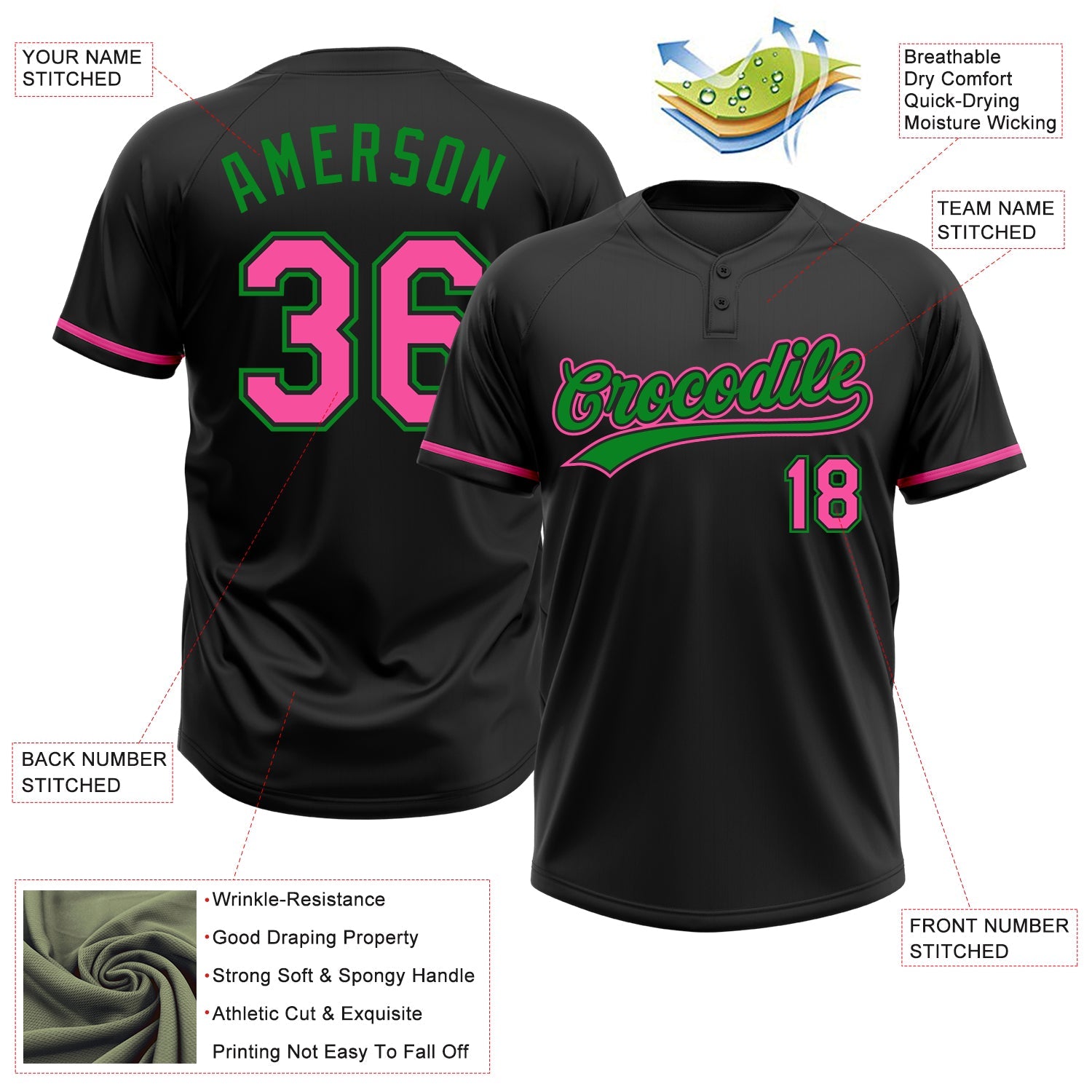 Custom Black Pink-Grass Green Two-Button Unisex Softball Jersey view 3