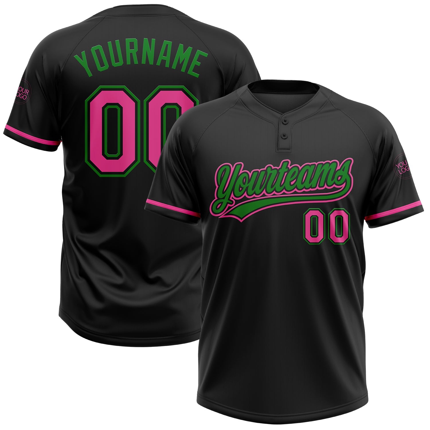 Custom Black Pink-Grass Green Two-Button Unisex Softball Jersey - Main View