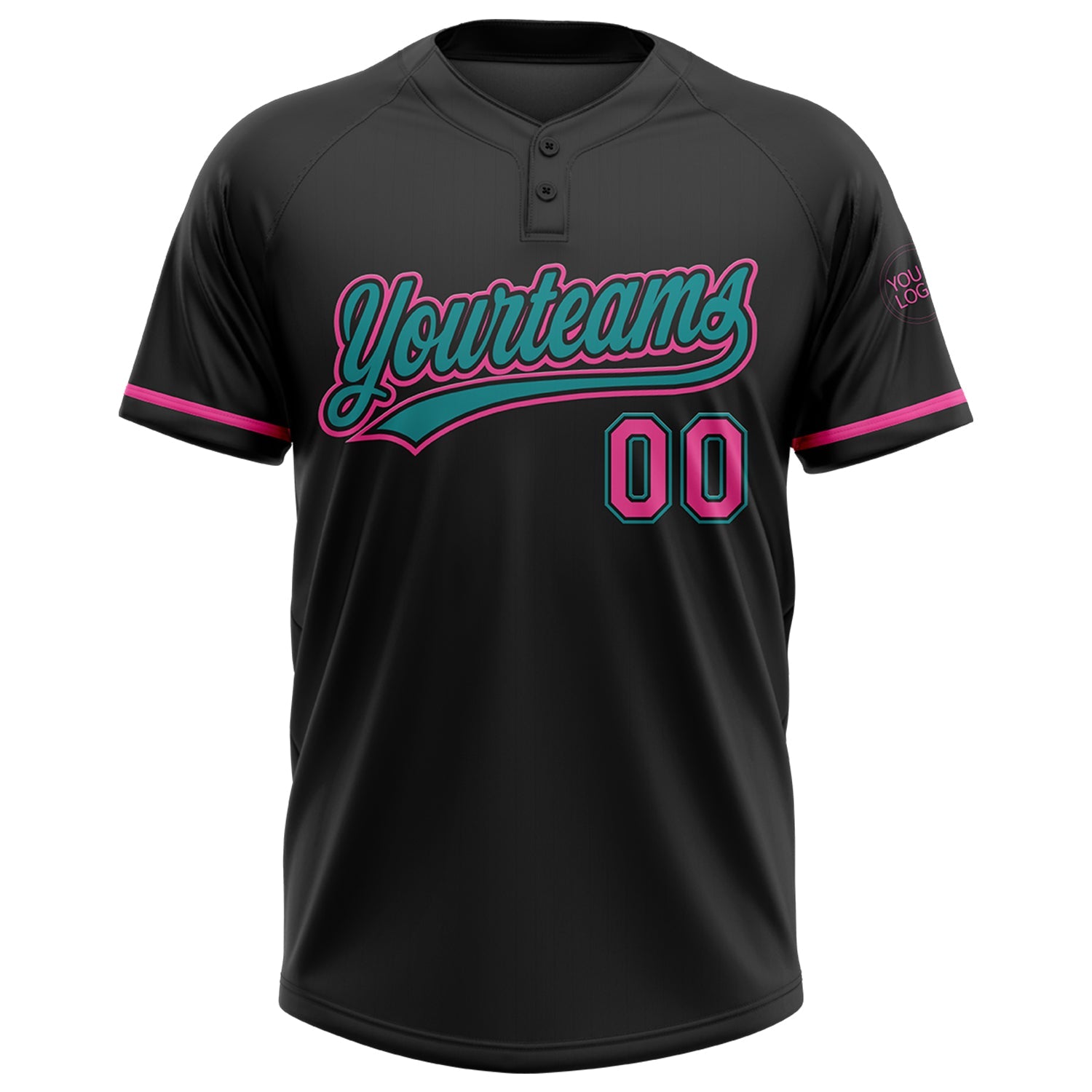 Custom Black Pink-Teal Two-Button Unisex Softball Jersey view 2