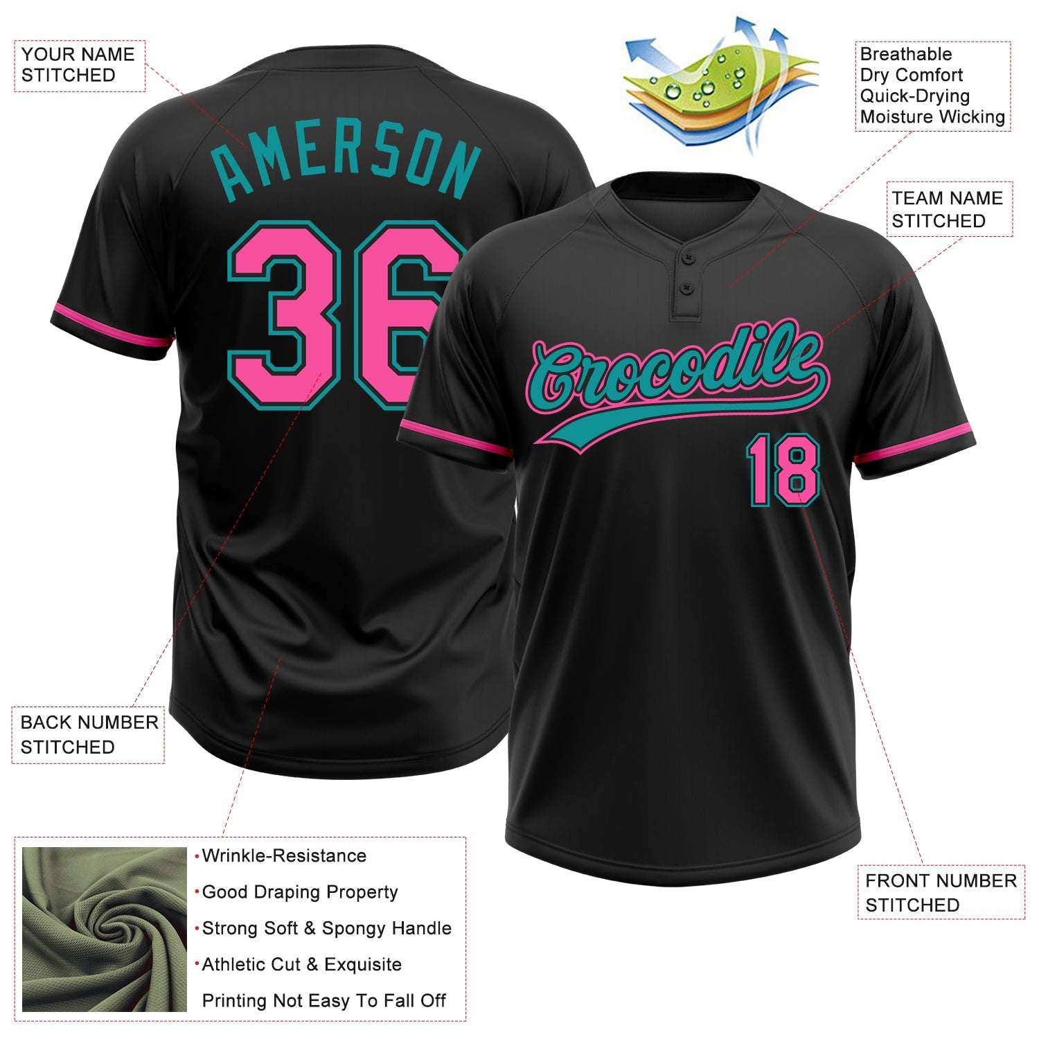 Custom Black Pink-Teal Two-Button Unisex Softball Jersey view 3