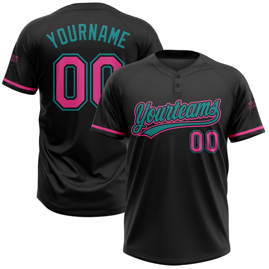 Custom Black Pink-Teal Two-Button Unisex Softball Jersey - Main View