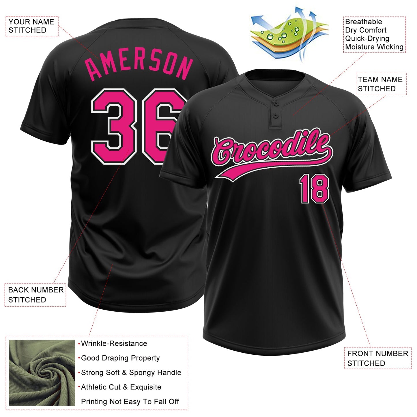Custom Black Hot Pink-White Two-Button Unisex Softball Jersey view 3