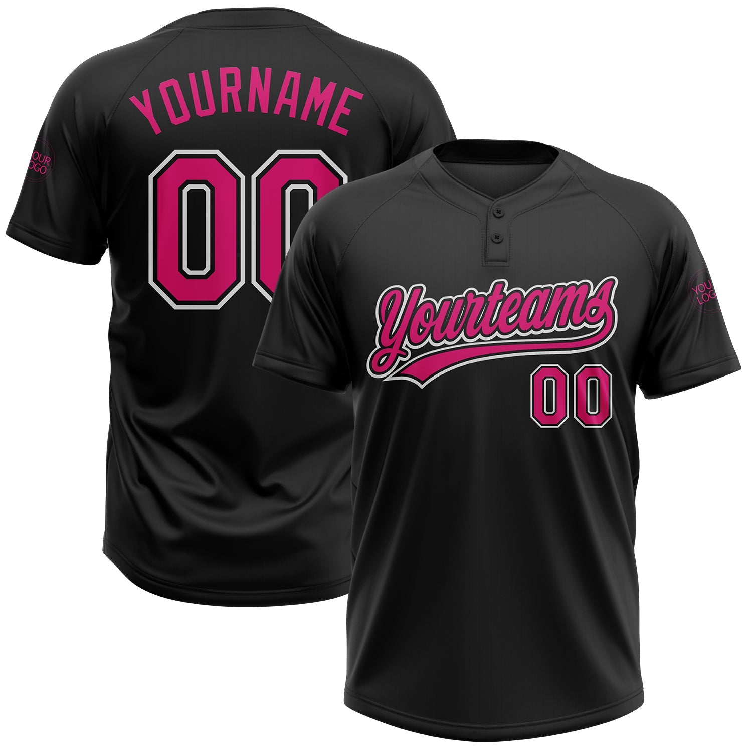 Custom Black Hot Pink-White Two-Button Unisex Softball Jersey - Main View