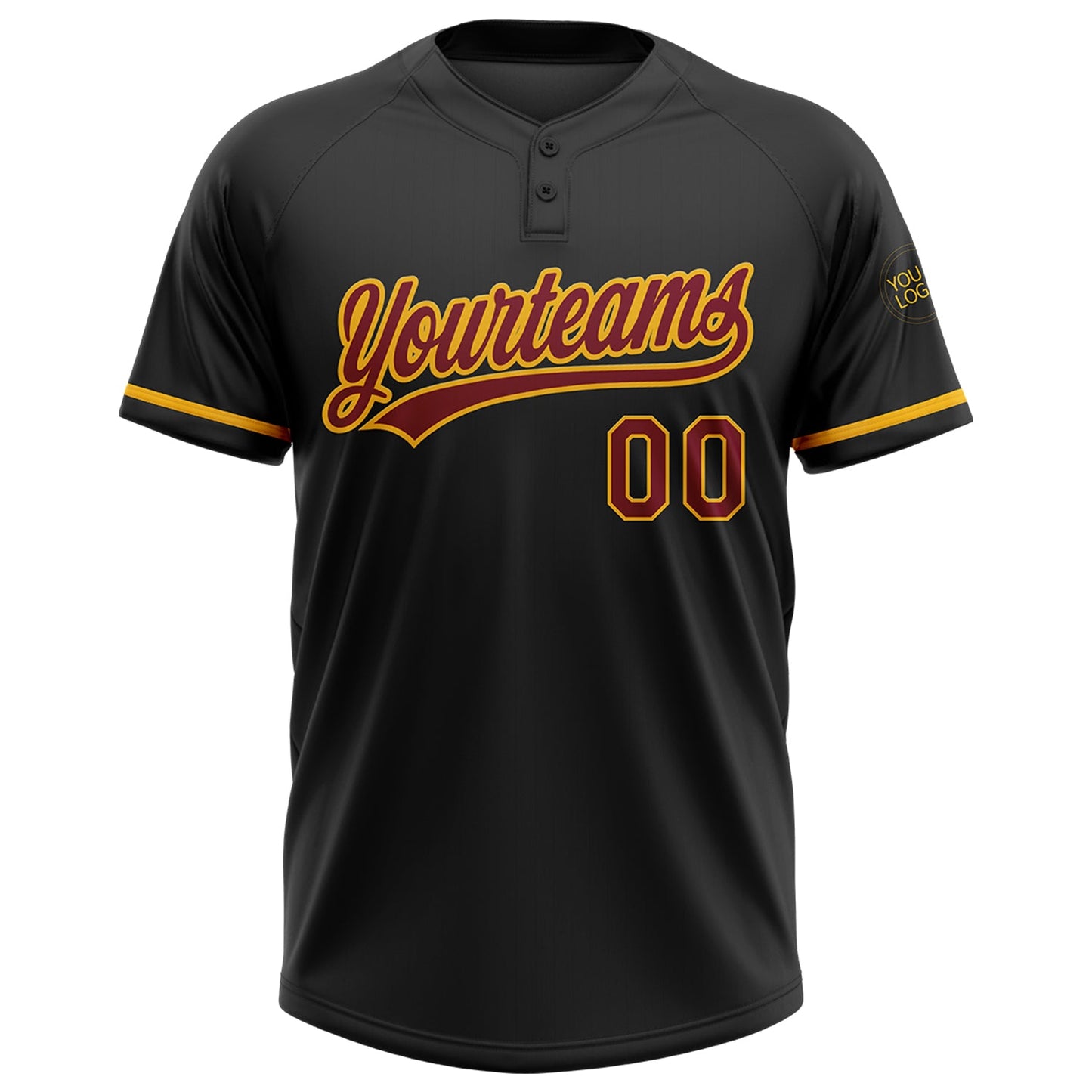 Custom Black Maroon-Gold Two-Button Unisex Softball Jersey view 2