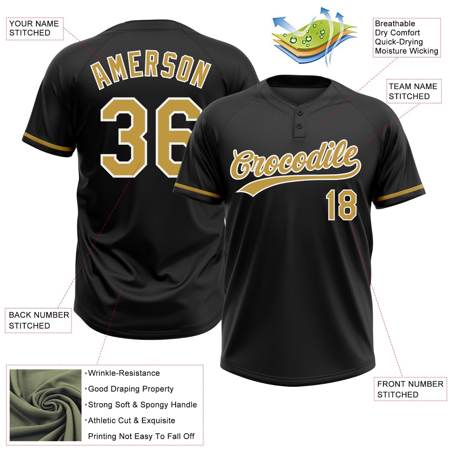 Custom Black Old Gold-White Two-Button Unisex Softball Jersey view 3
