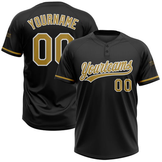 Custom Black Old Gold-White Two-Button Unisex Softball Jersey - Main View