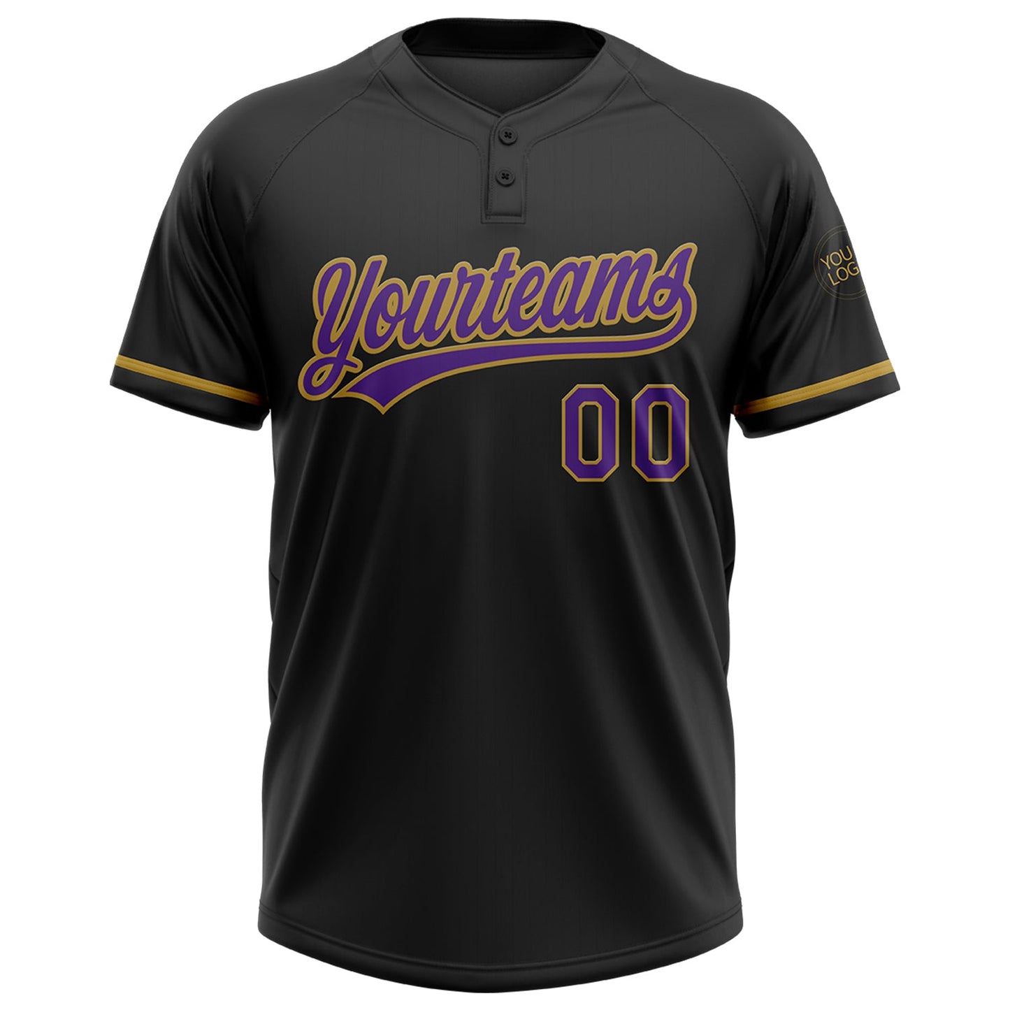 Custom Black Purple-Old Gold Two-Button Unisex Softball Jersey view 2