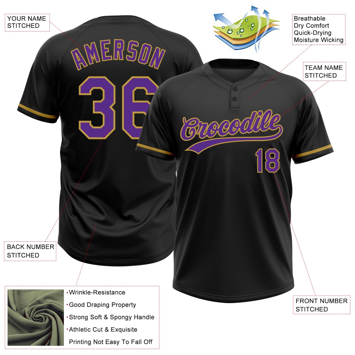 Custom Black Purple-Old Gold Two-Button Unisex Softball Jersey view 3