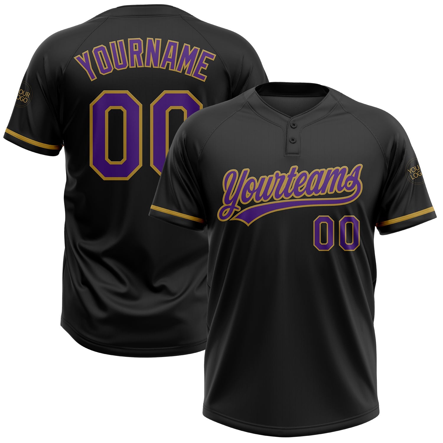 Custom Black Purple-Old Gold Two-Button Unisex Softball Jersey - Main View