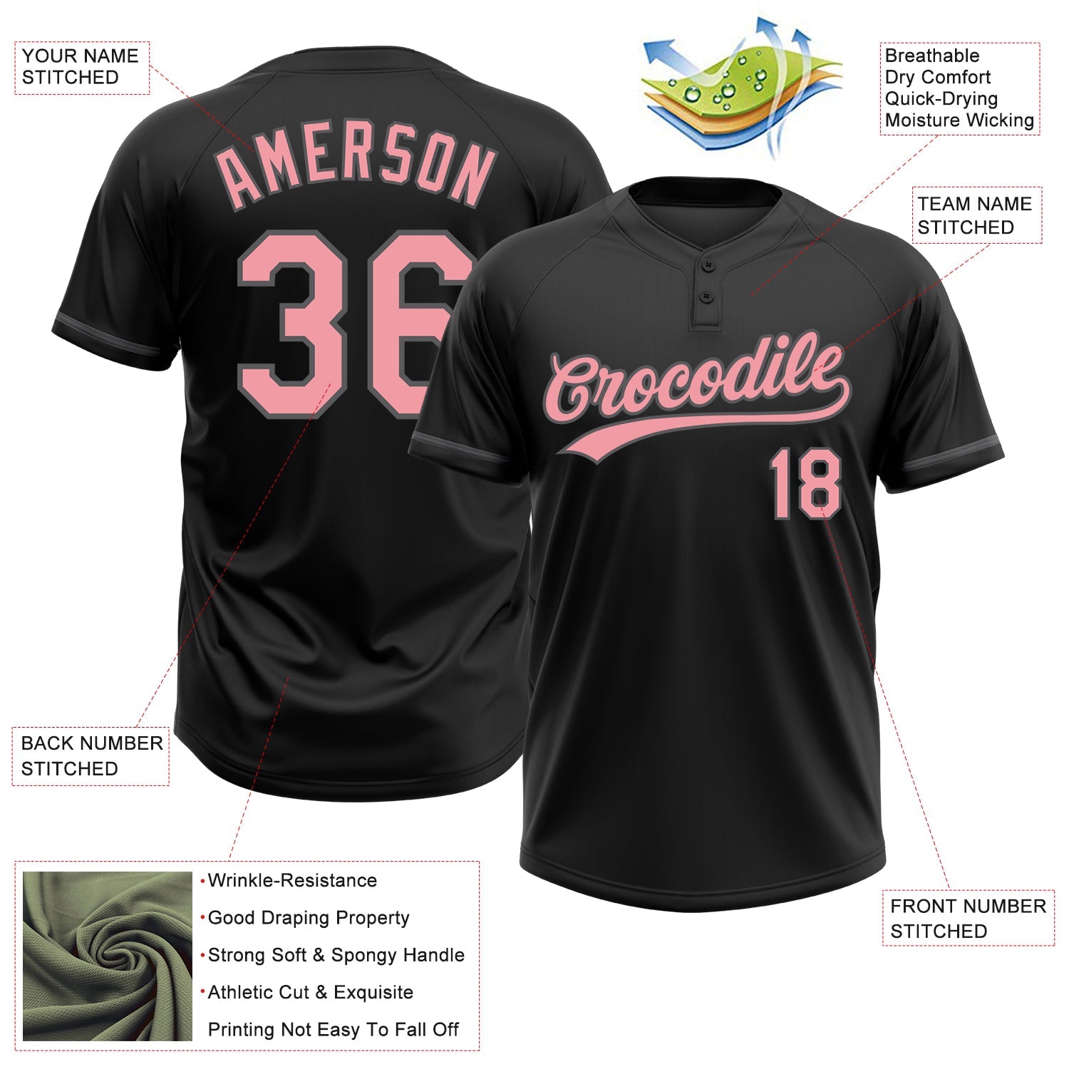 Custom Black Medium Pink-Steel Gray Two-Button Unisex Softball Jersey view 3