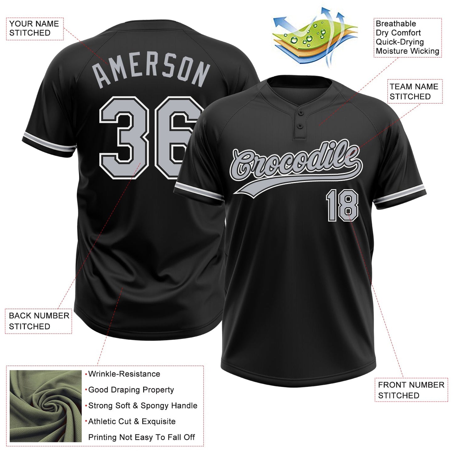 Custom Black Gray-White Two-Button Unisex Softball Jersey view 3