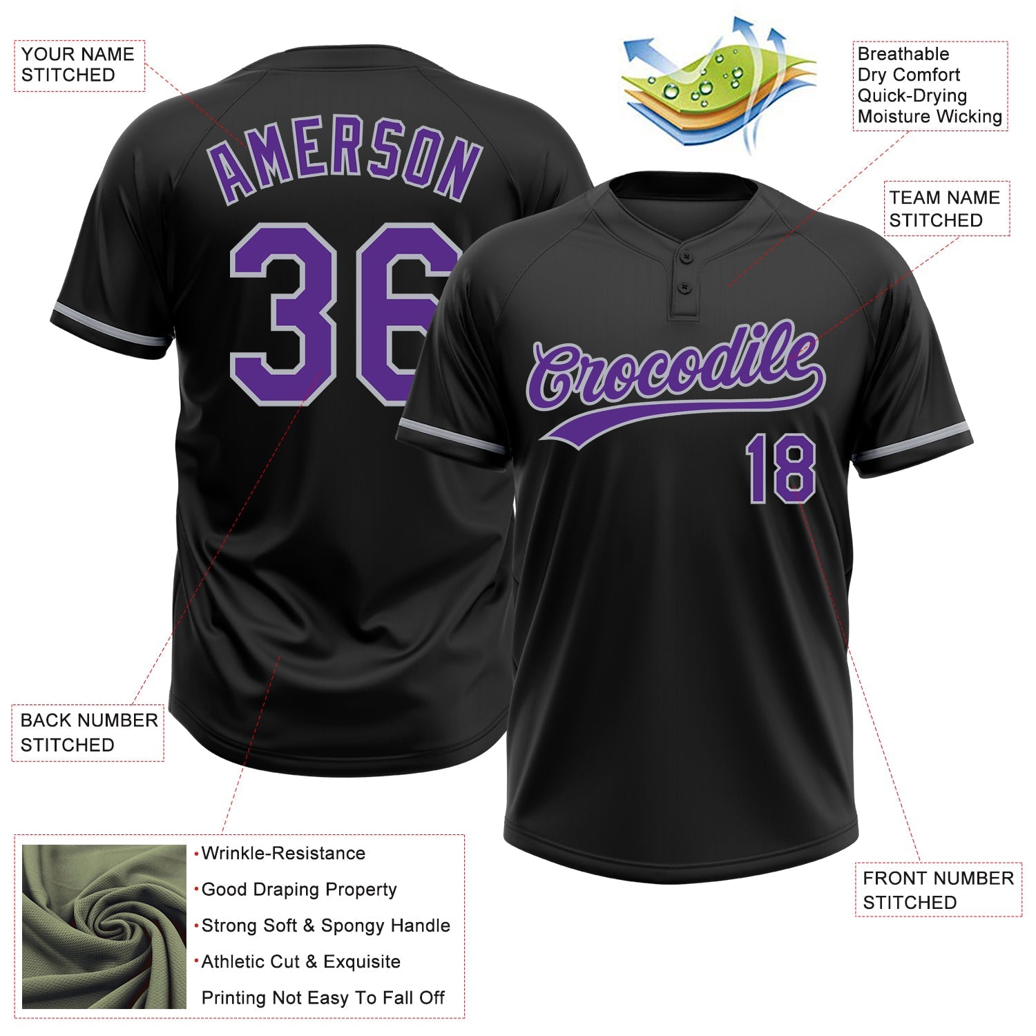 Custom Black Purple-Gray Two-Button Unisex Softball Jersey view 3
