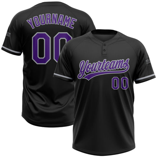 Custom Black Purple-Gray Two-Button Unisex Softball Jersey - Main View