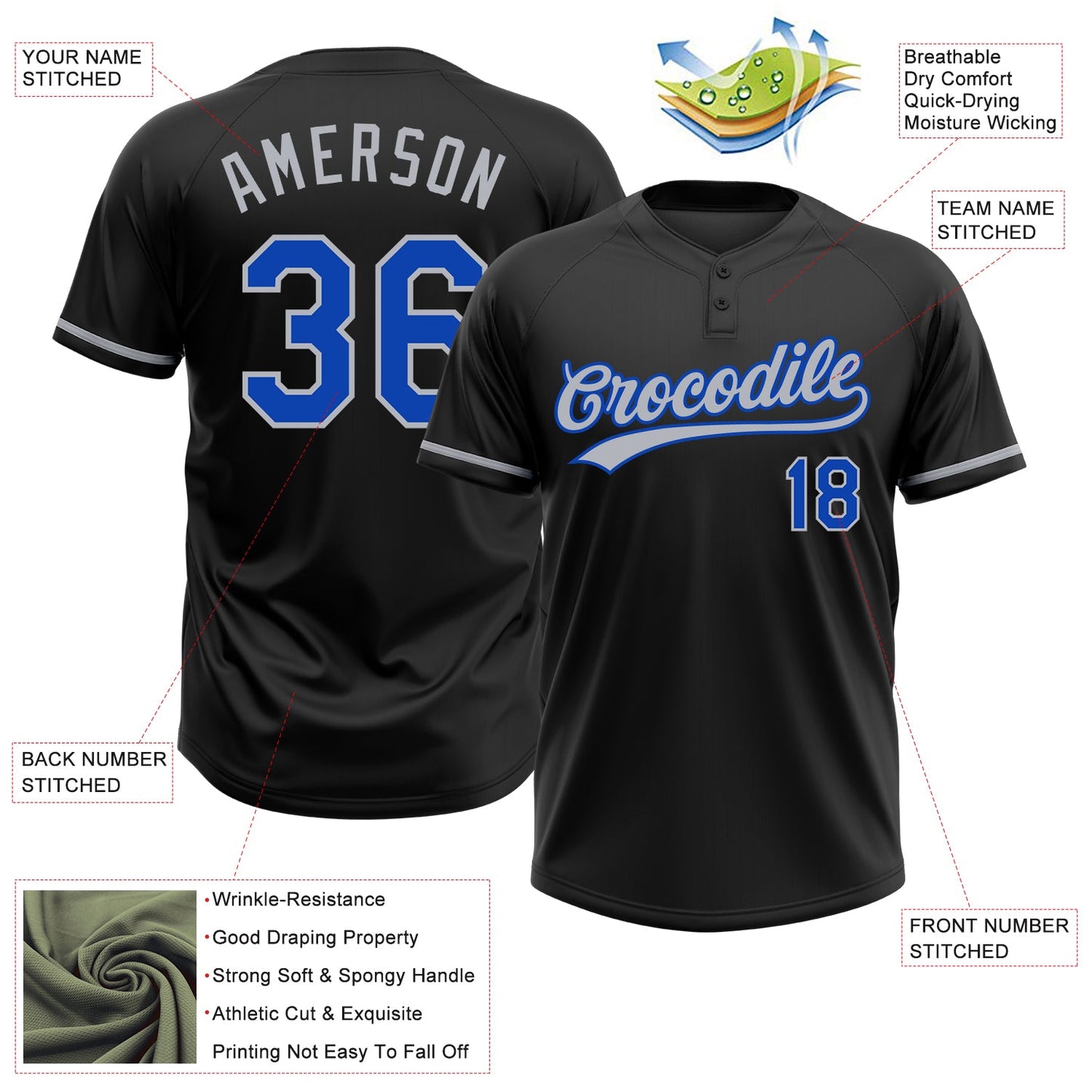 Custom Black Thunder Blue-Gray Two-Button Unisex Softball Jersey view 3