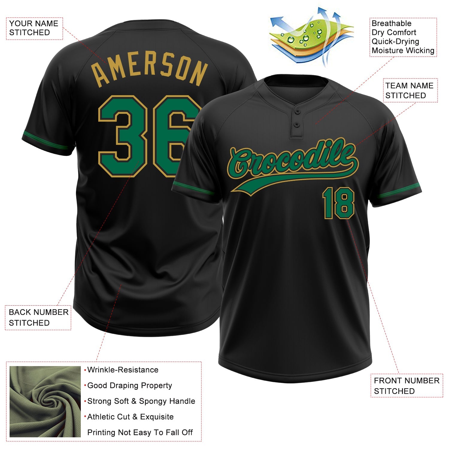 Custom Black Kelly Green-Old Gold Two-Button Unisex Softball Jersey view 3