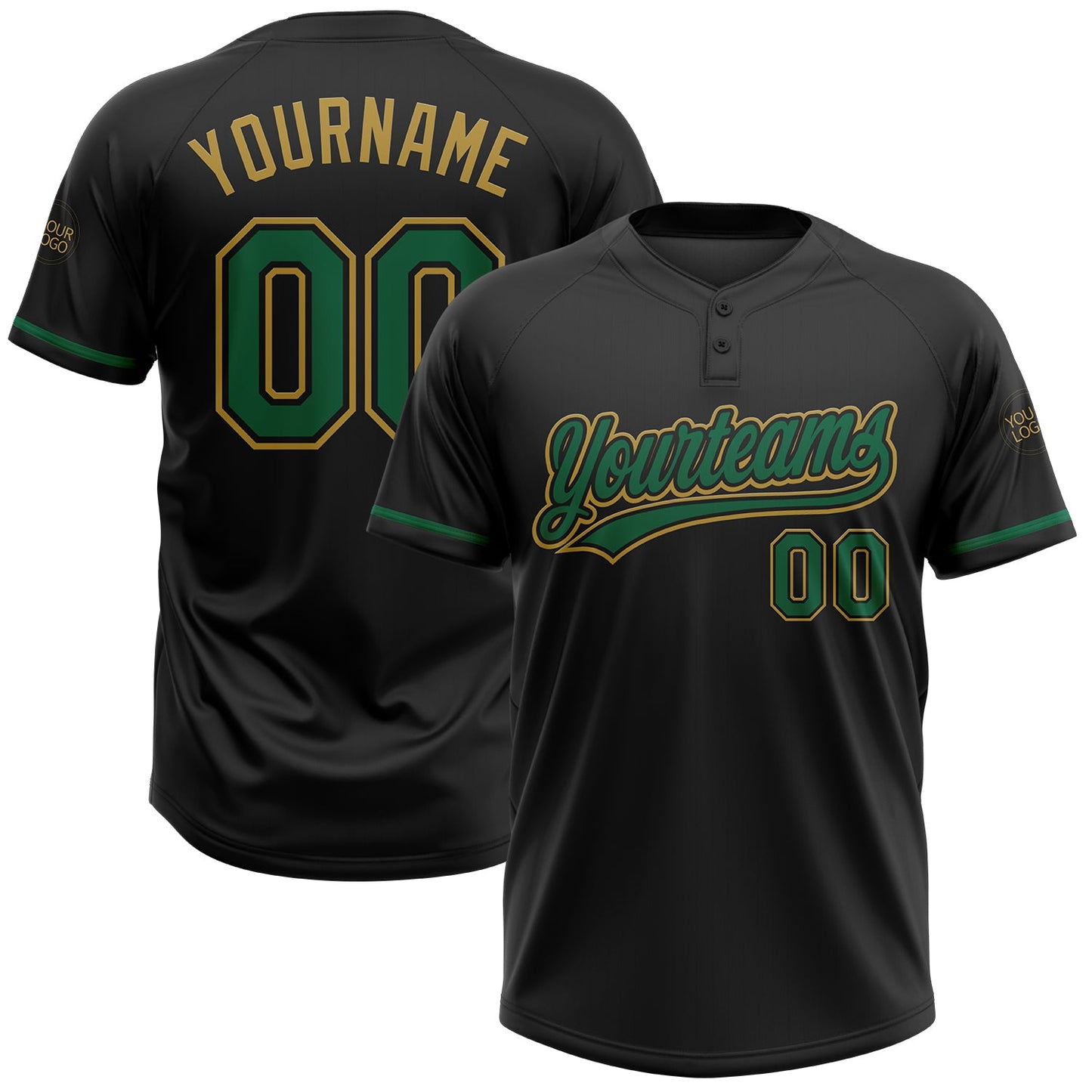 Custom Black Kelly Green-Old Gold Two-Button Unisex Softball Jersey - Main View