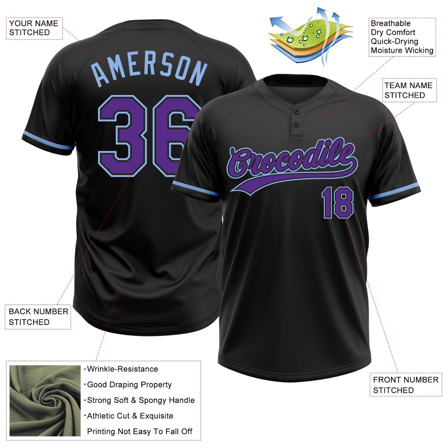 Custom Black Purple-Light Blue Two-Button Unisex Softball Jersey view 3