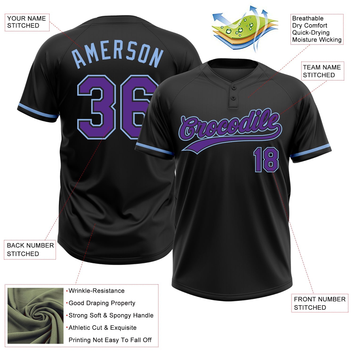 Custom Black Purple-Light Blue Two-Button Unisex Softball Jersey view 3