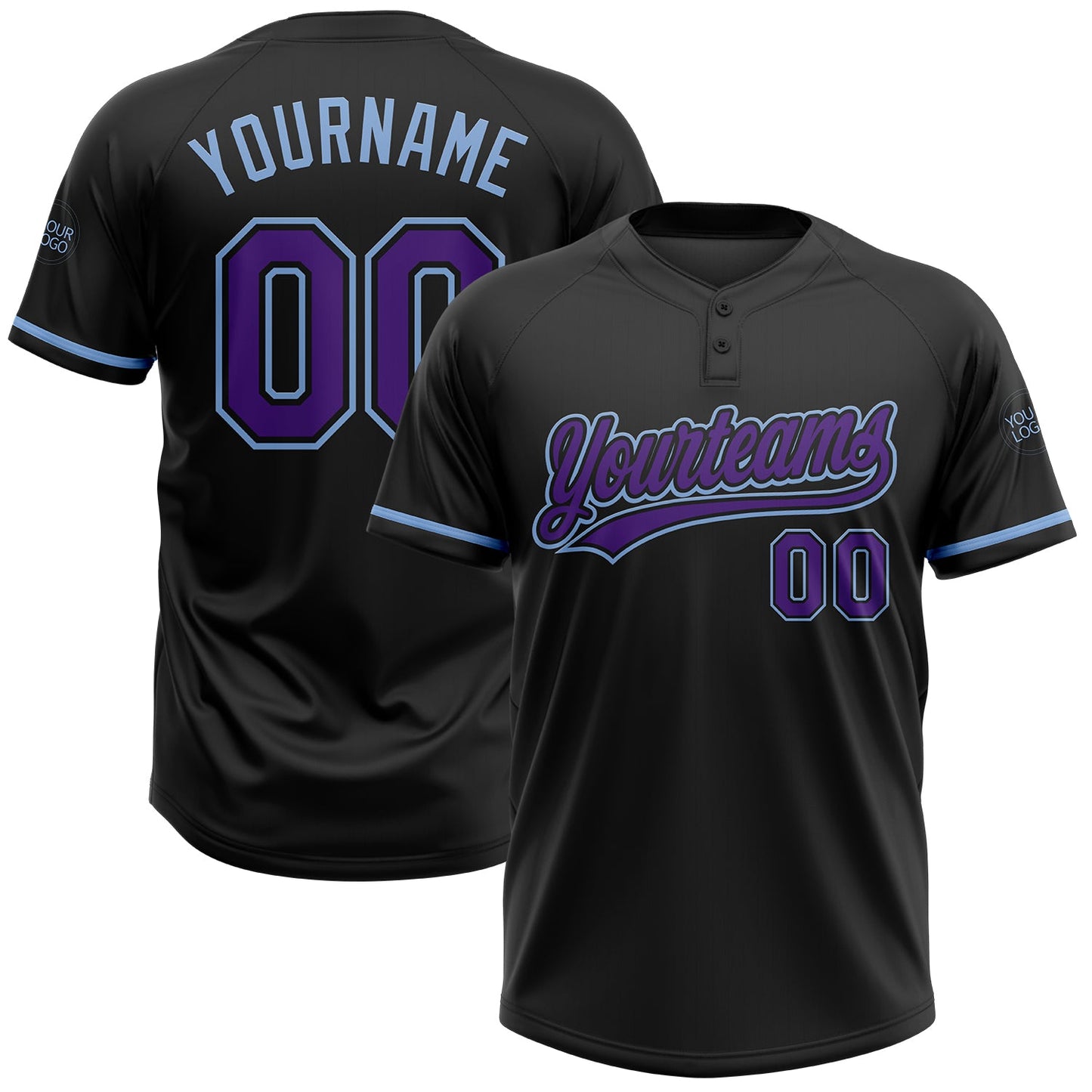 Custom Black Purple-Light Blue Two-Button Unisex Softball Jersey - Main View