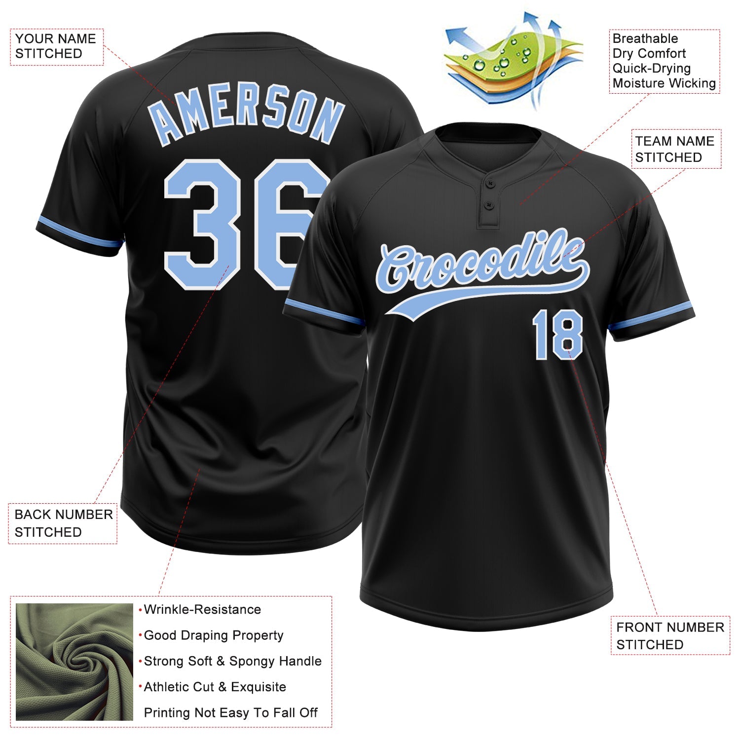 Custom Black Light Blue-White Two-Button Unisex Softball Jersey view 3