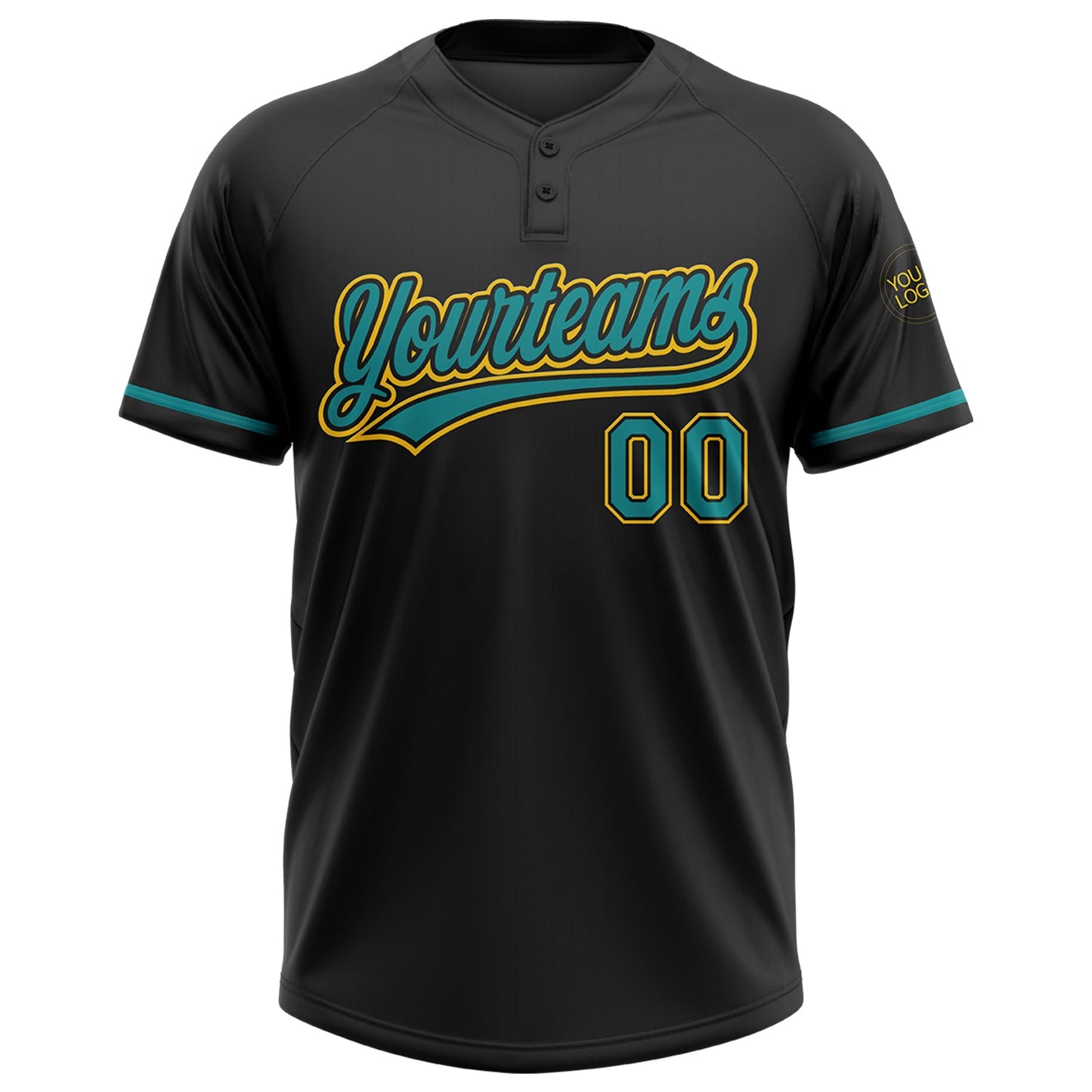 Custom Black Teal-Yellow Two-Button Unisex Softball Jersey view 2