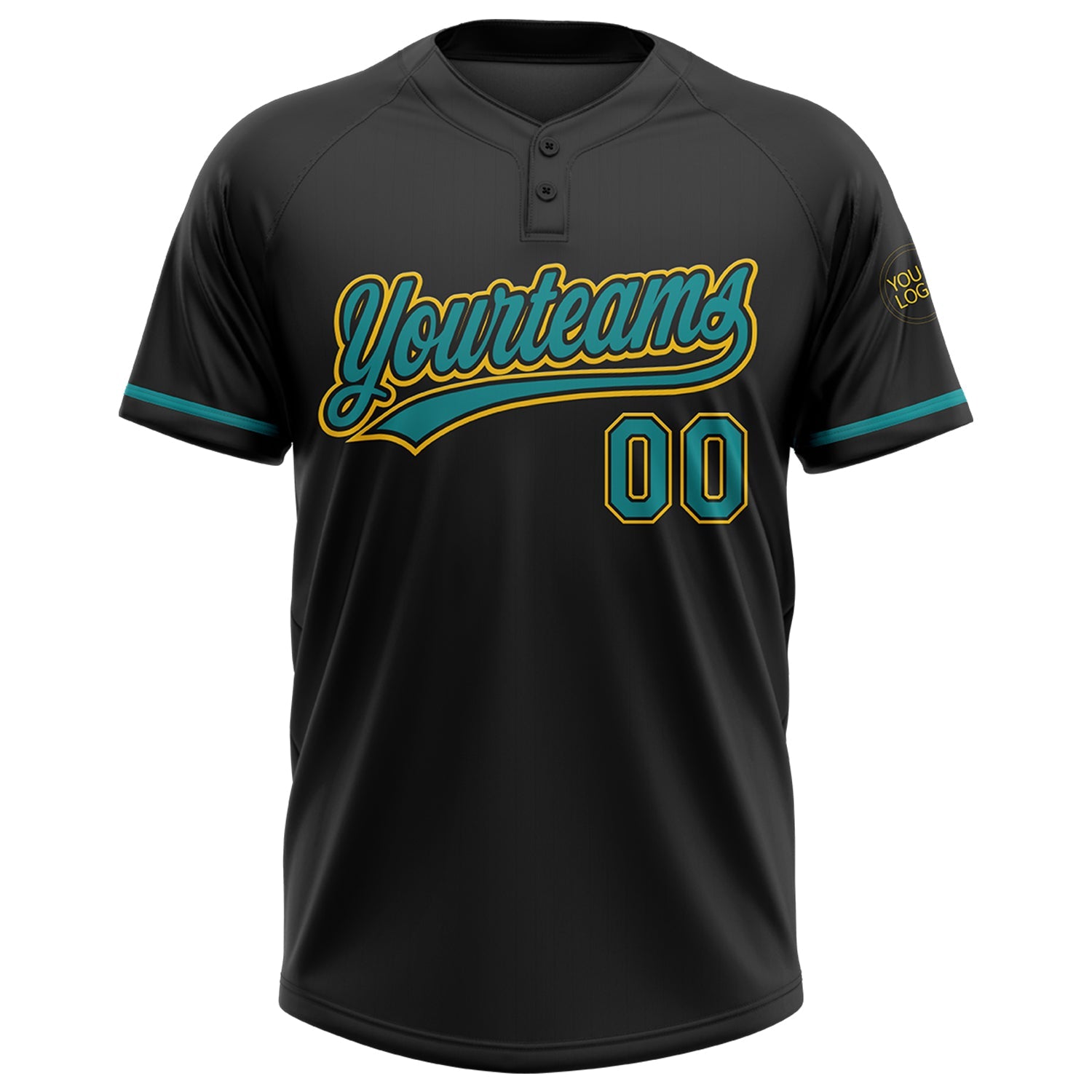 Custom Black Teal-Yellow Two-Button Unisex Softball Jersey view 2