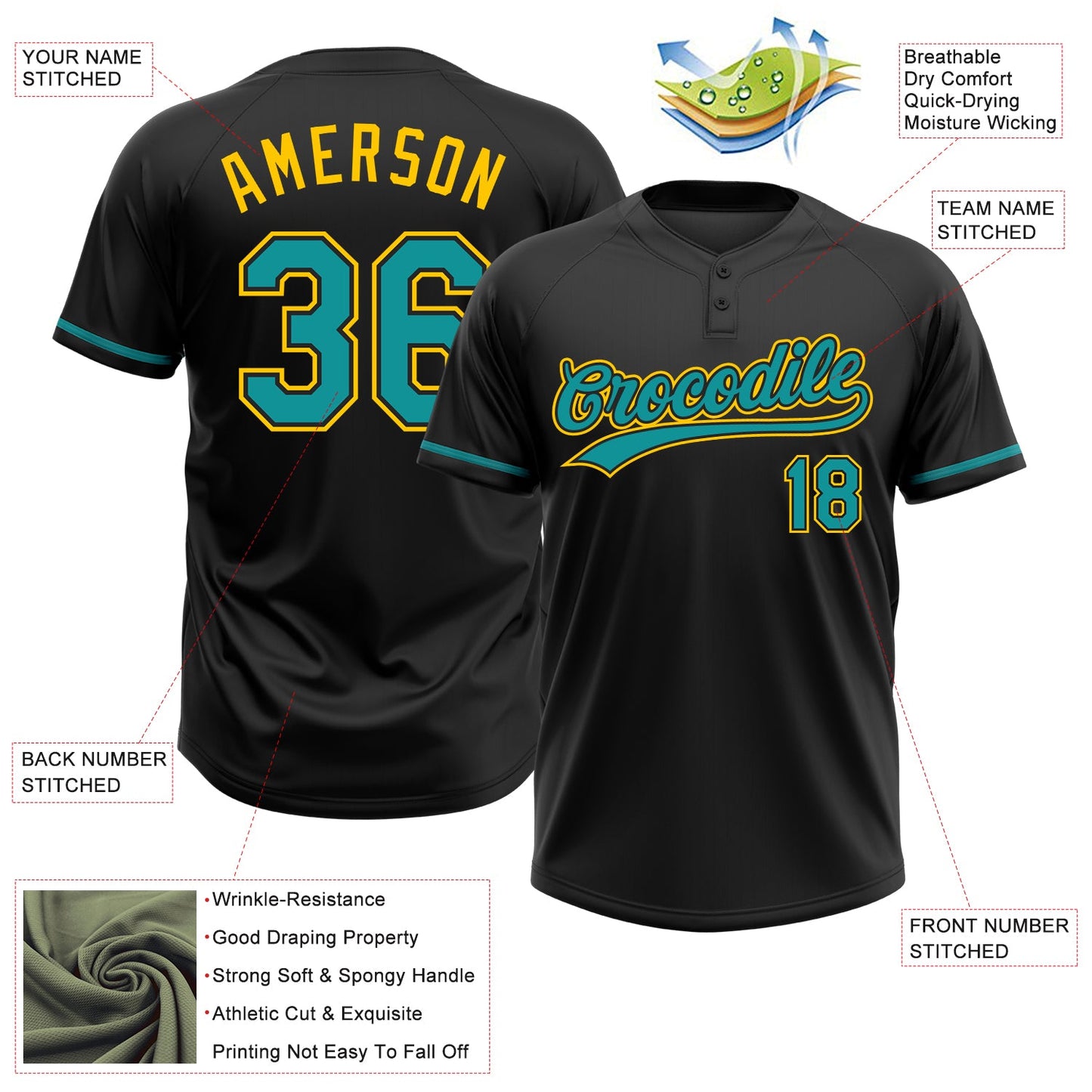 Custom Black Teal-Yellow Two-Button Unisex Softball Jersey view 3