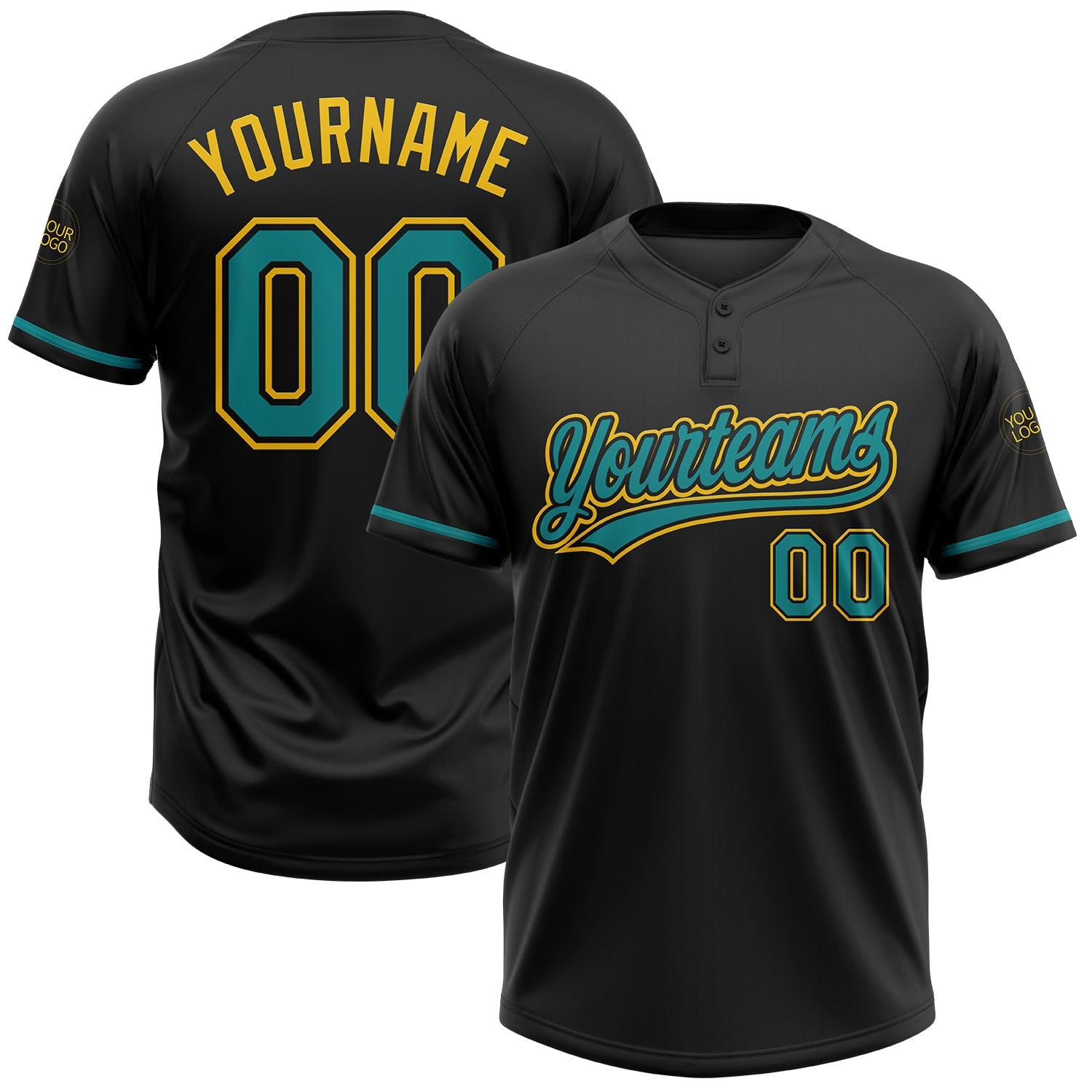 Custom Black Teal-Yellow Two-Button Unisex Softball Jersey - Main View