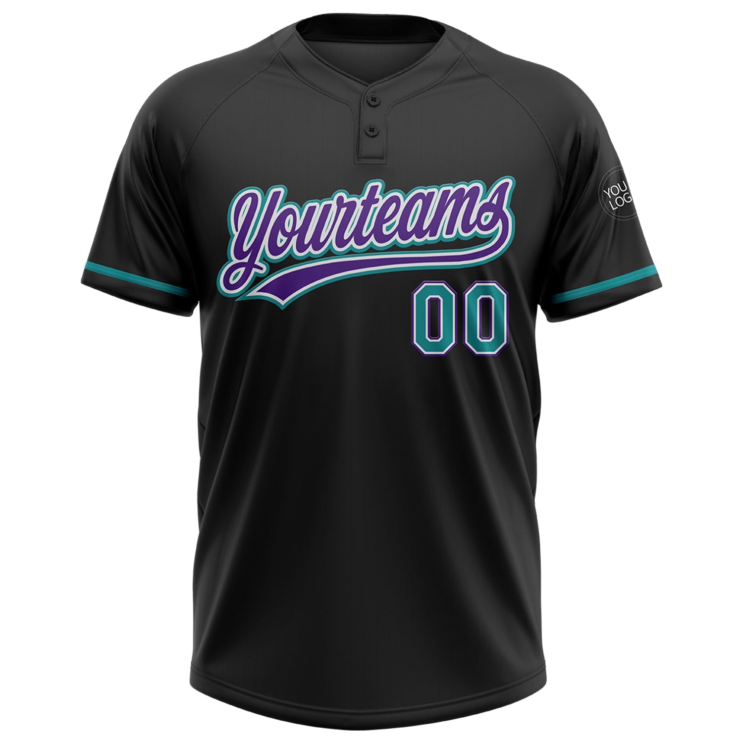 Custom Black Teal-Purple Two-Button Unisex Softball Jersey view 2