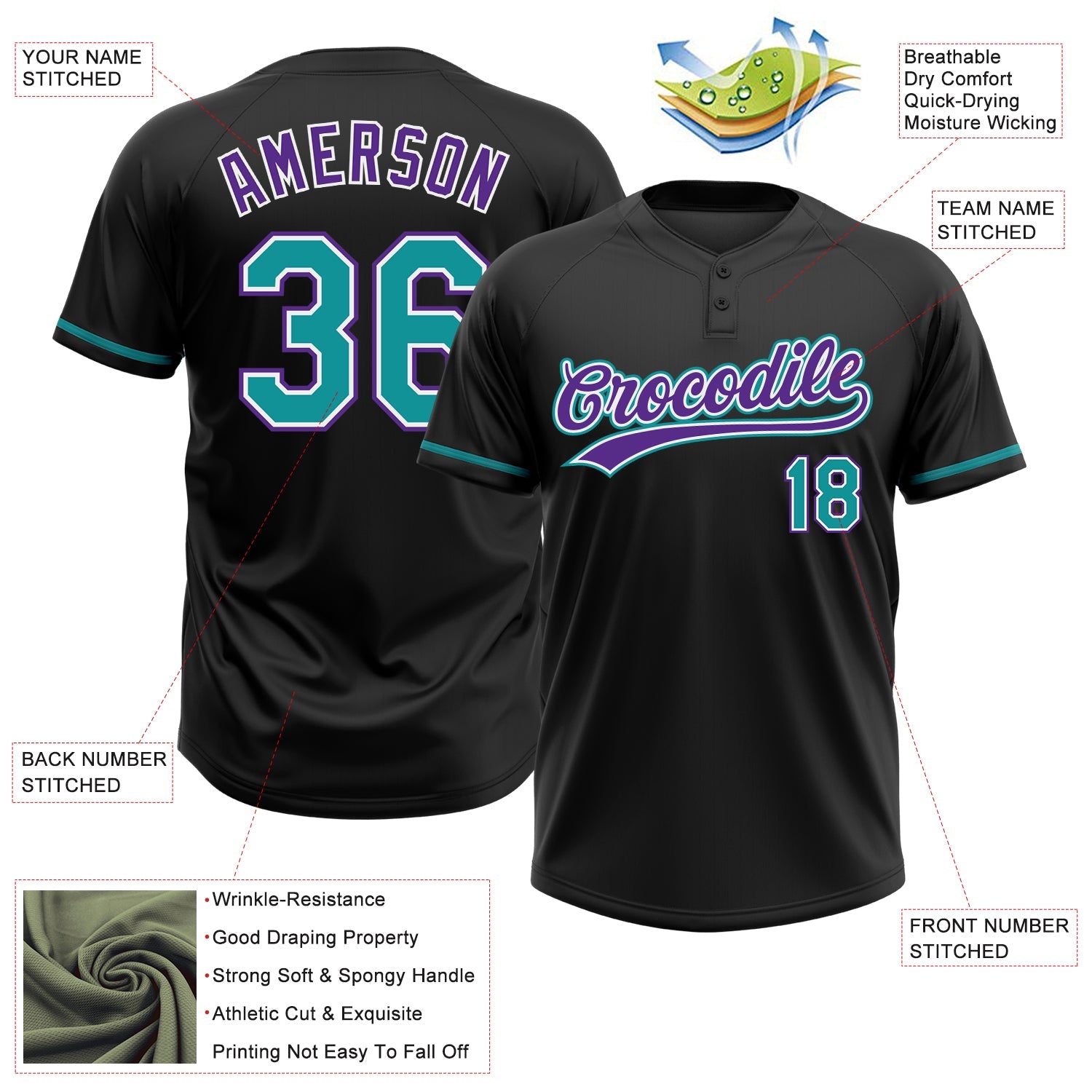 Custom Black Teal-Purple Two-Button Unisex Softball Jersey view 3