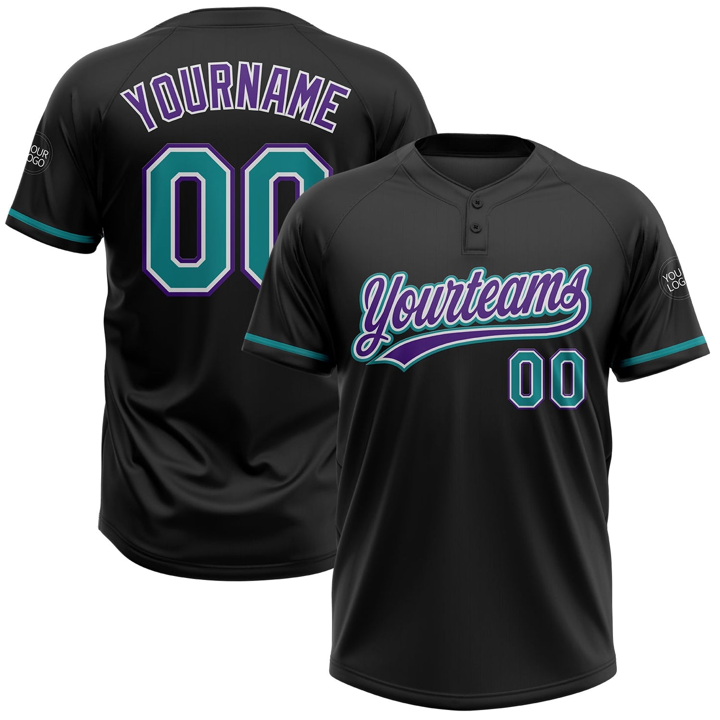 Custom Black Teal-Purple Two-Button Unisex Softball Jersey - Main View