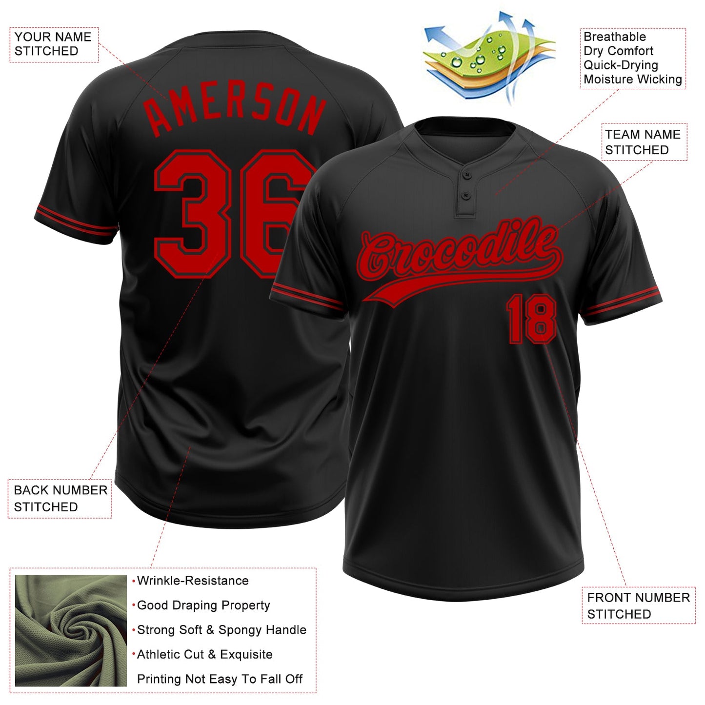 Custom Black Red Two-Button Unisex Softball Jersey view 3