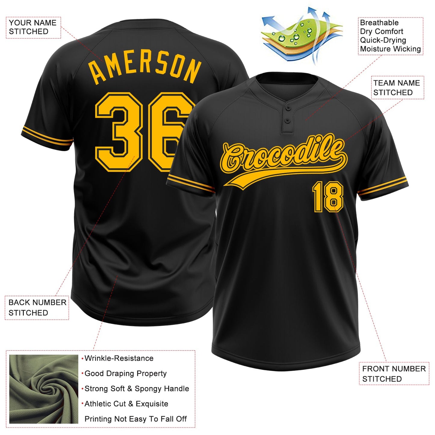 Custom Black Gold Two-Button Unisex Softball Jersey view 3