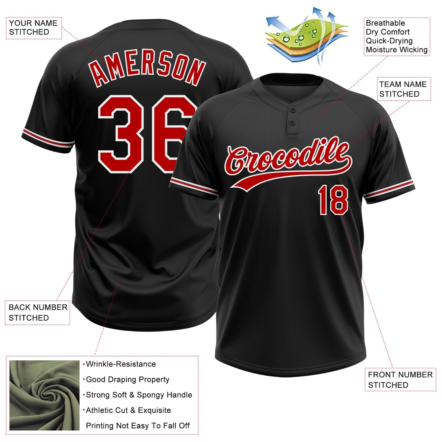 Custom Black Red-White Two-Button Unisex Softball Jersey view 3