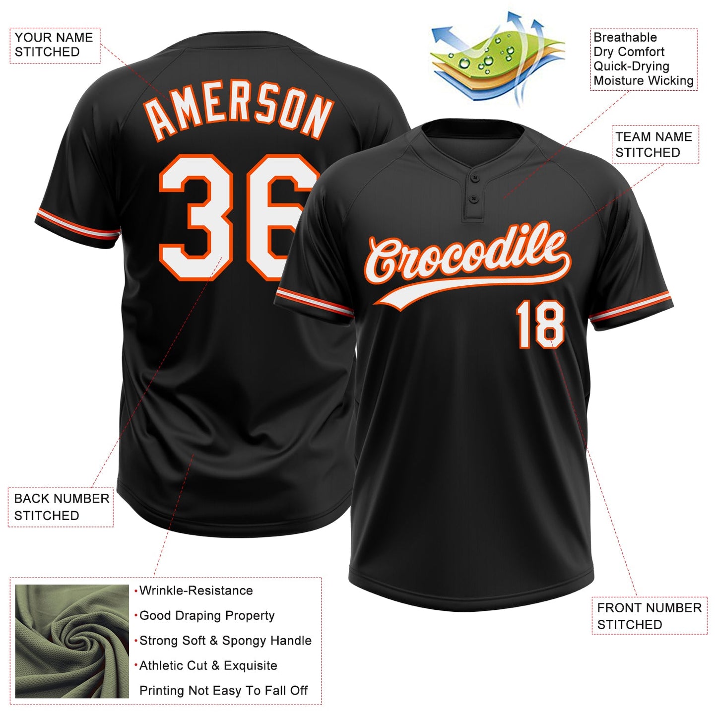Custom Black White-Orange Two-Button Unisex Softball Jersey view 3