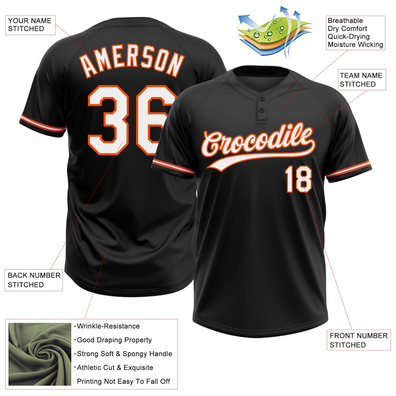 Custom Black White-Orange Two-Button Unisex Softball Jersey view 3