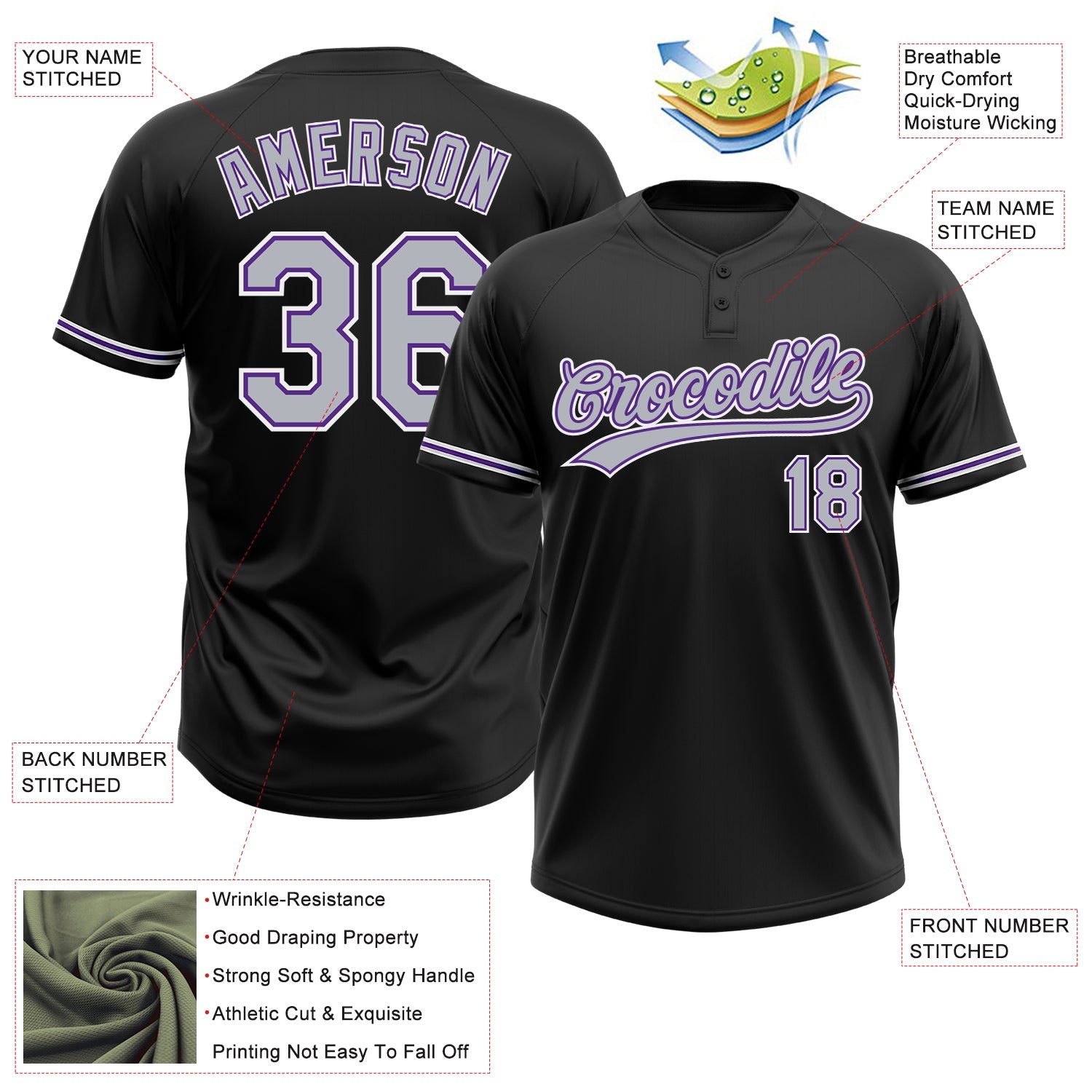 Custom Black Gray-Purple Two-Button Unisex Softball Jersey view 3