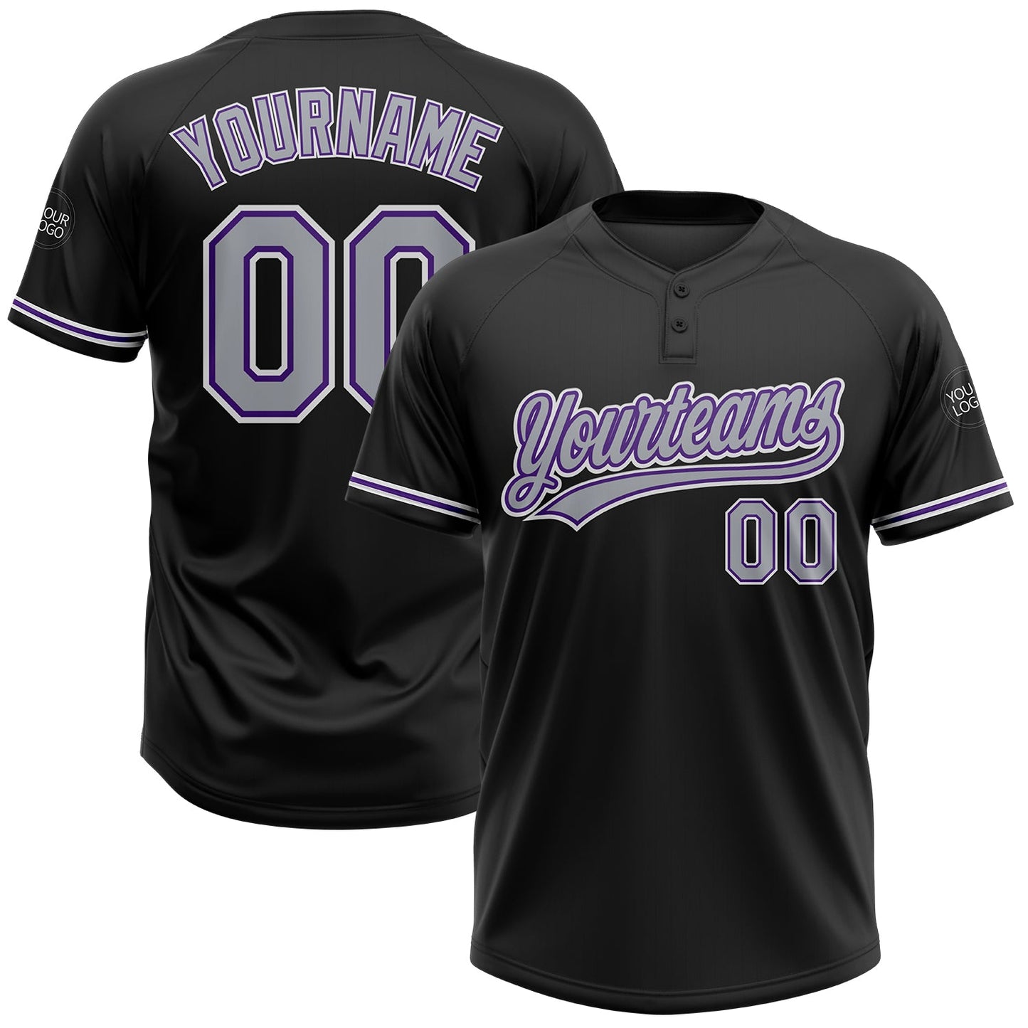 Custom Black Gray-Purple Two-Button Unisex Softball Jersey - Main View