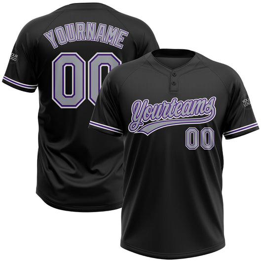 Custom Black Gray-Purple Two-Button Unisex Softball Jersey - Main View