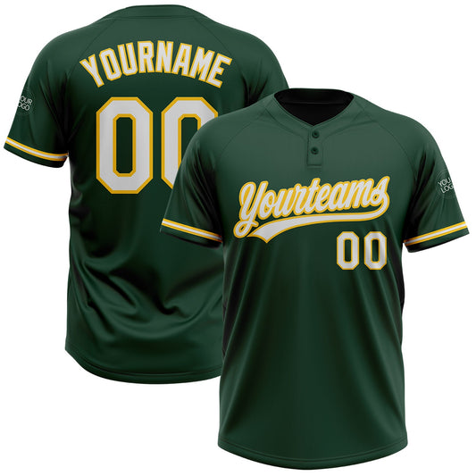 Custom Green White-Yellow Two-Button Unisex Softball Jersey - Main View