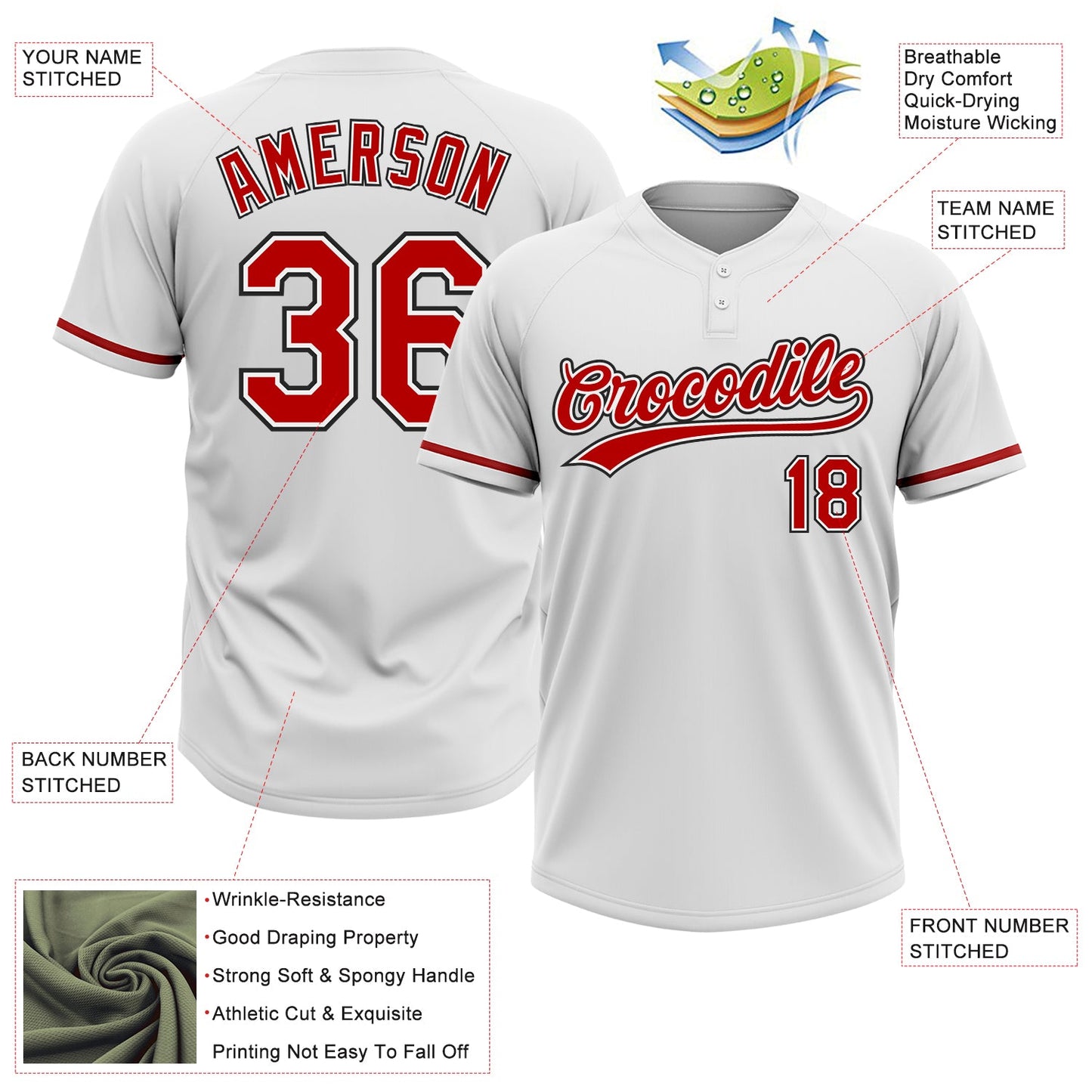 Custom White Red-Black Two-Button Unisex Softball Jersey view 3