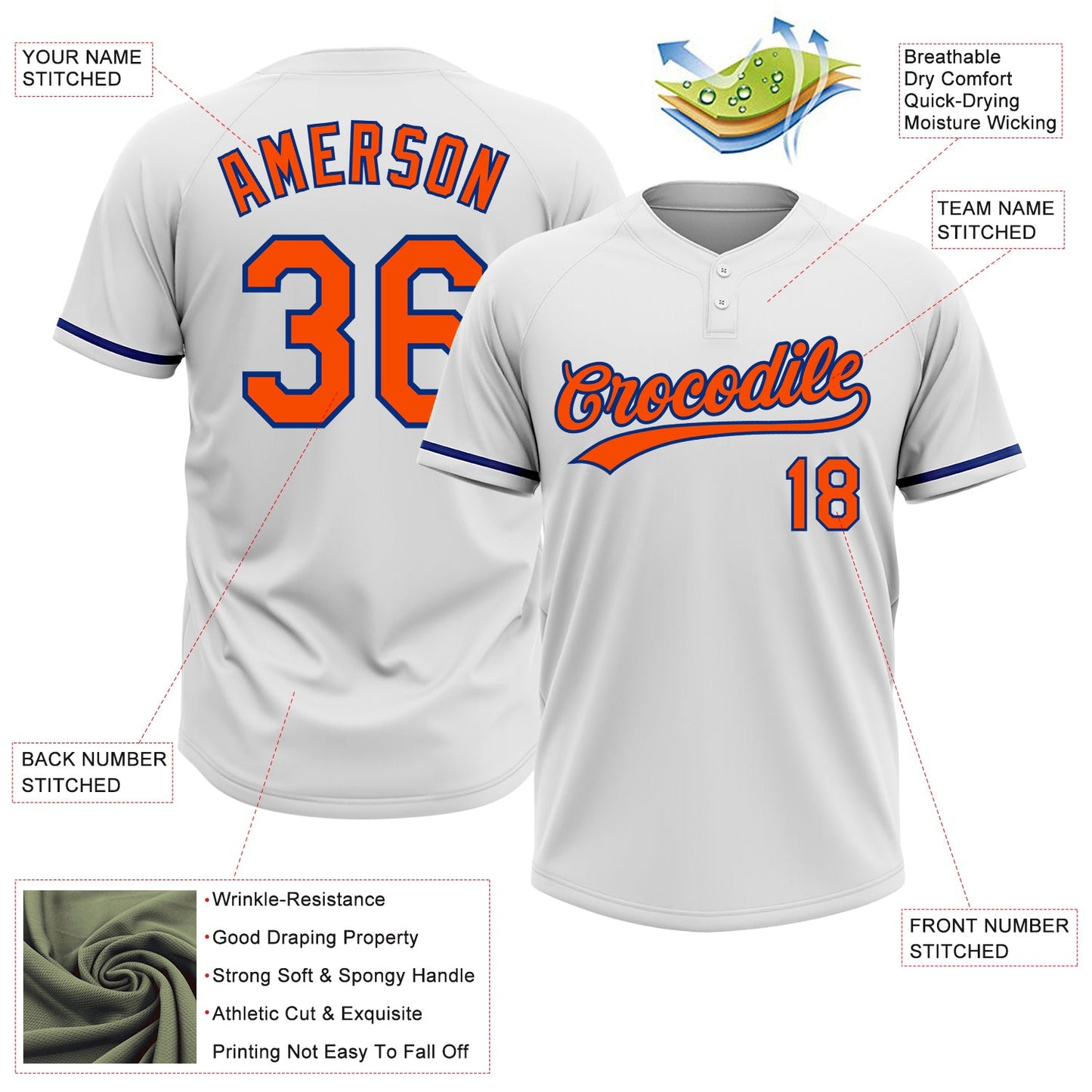 Custom White Orange-Royal Two-Button Unisex Softball Jersey view 3