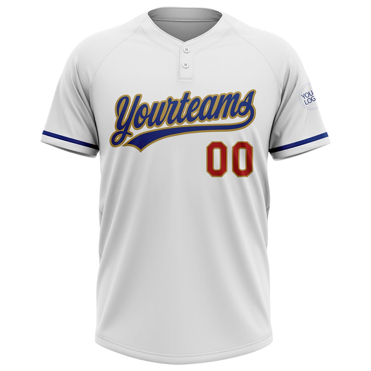 Custom White Royal Red-Old Gold Two-Button Unisex Softball Jersey view 2