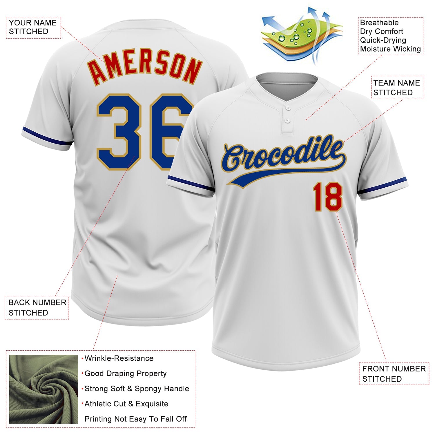 Custom White Royal Red-Old Gold Two-Button Unisex Softball Jersey view 3
