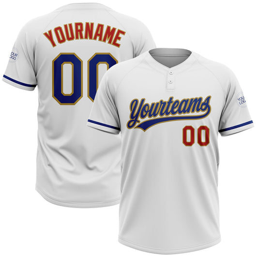 Custom White Royal Red-Old Gold Two-Button Unisex Softball Jersey - Main View