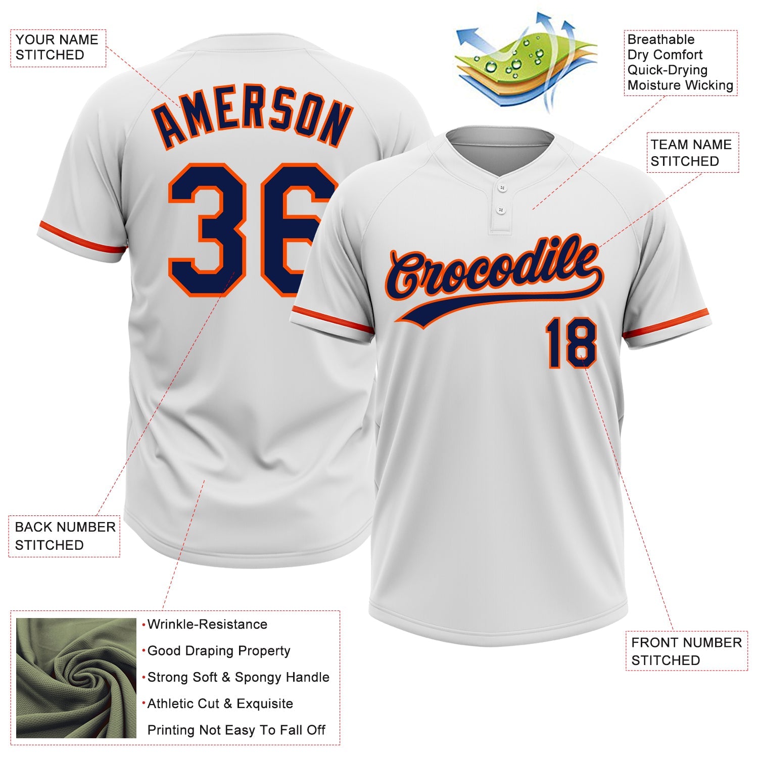 Custom White Navy-Orange Two-Button Unisex Softball Jersey view 3