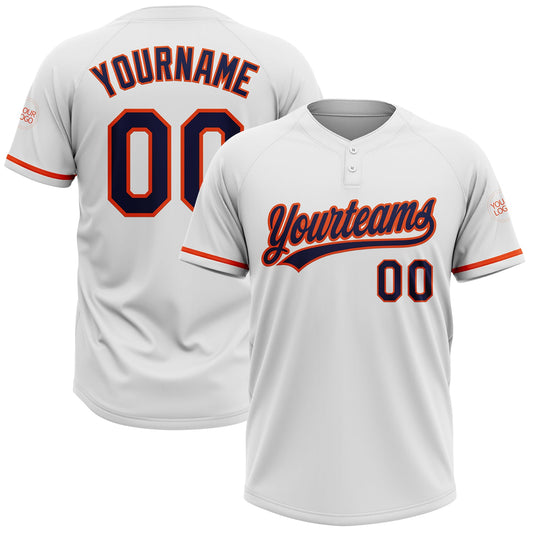 Custom White Navy-Orange Two-Button Unisex Softball Jersey - Main View