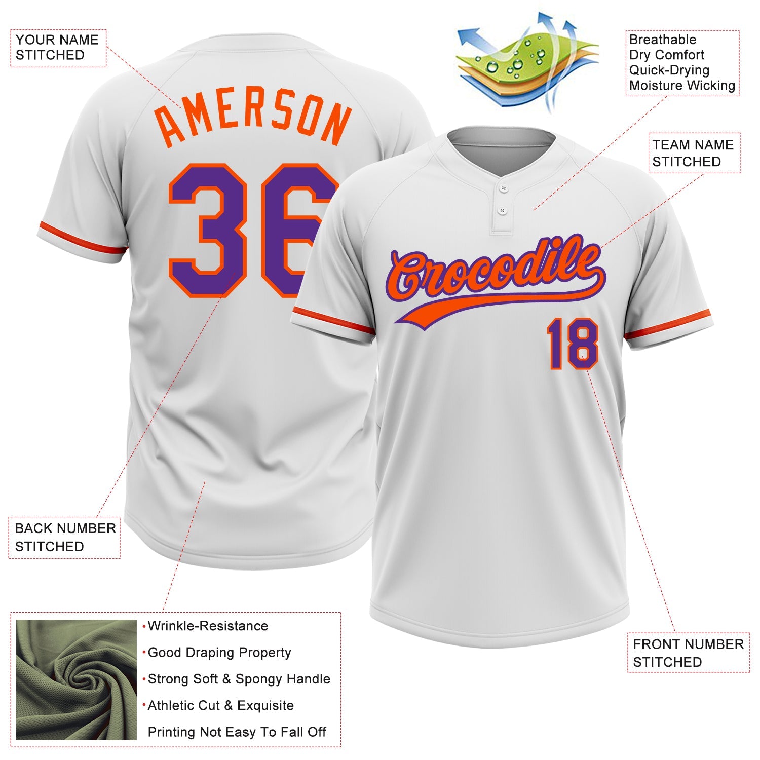 Custom White Purple-Orange Two-Button Unisex Softball Jersey view 3