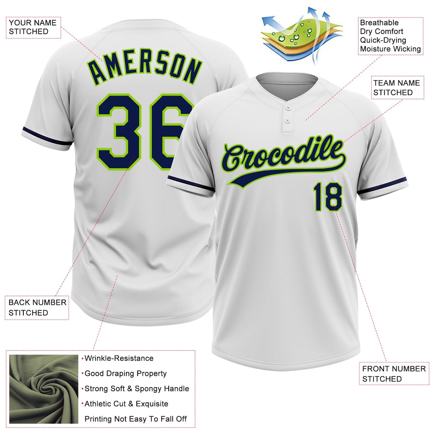 Custom White Navy-Neon Green Two-Button Unisex Softball Jersey view 3