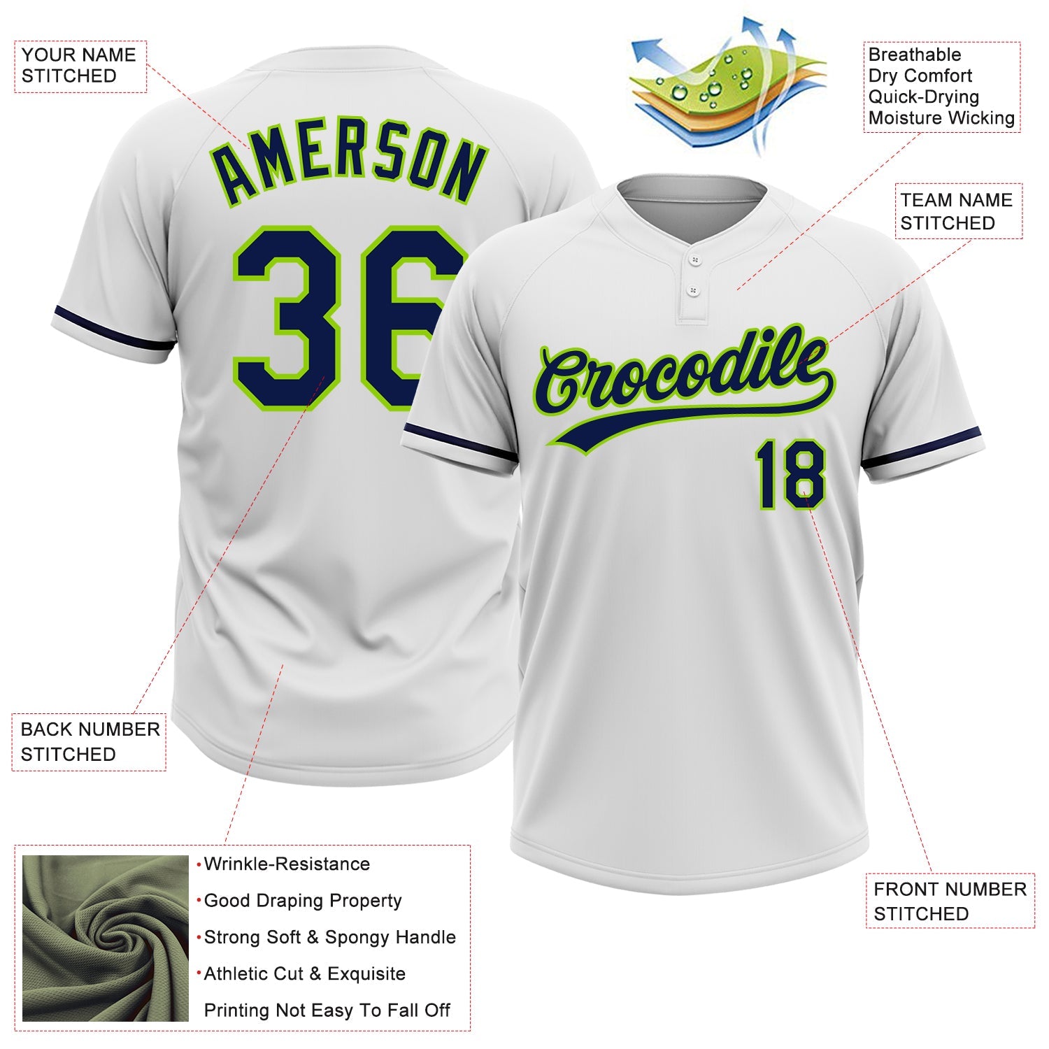 Custom White Navy-Neon Green Two-Button Unisex Softball Jersey view 3